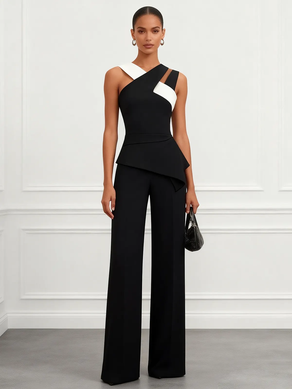 Women Black Cross Pocket Stitching Halter Sleeveless Dressy Jumpsuit