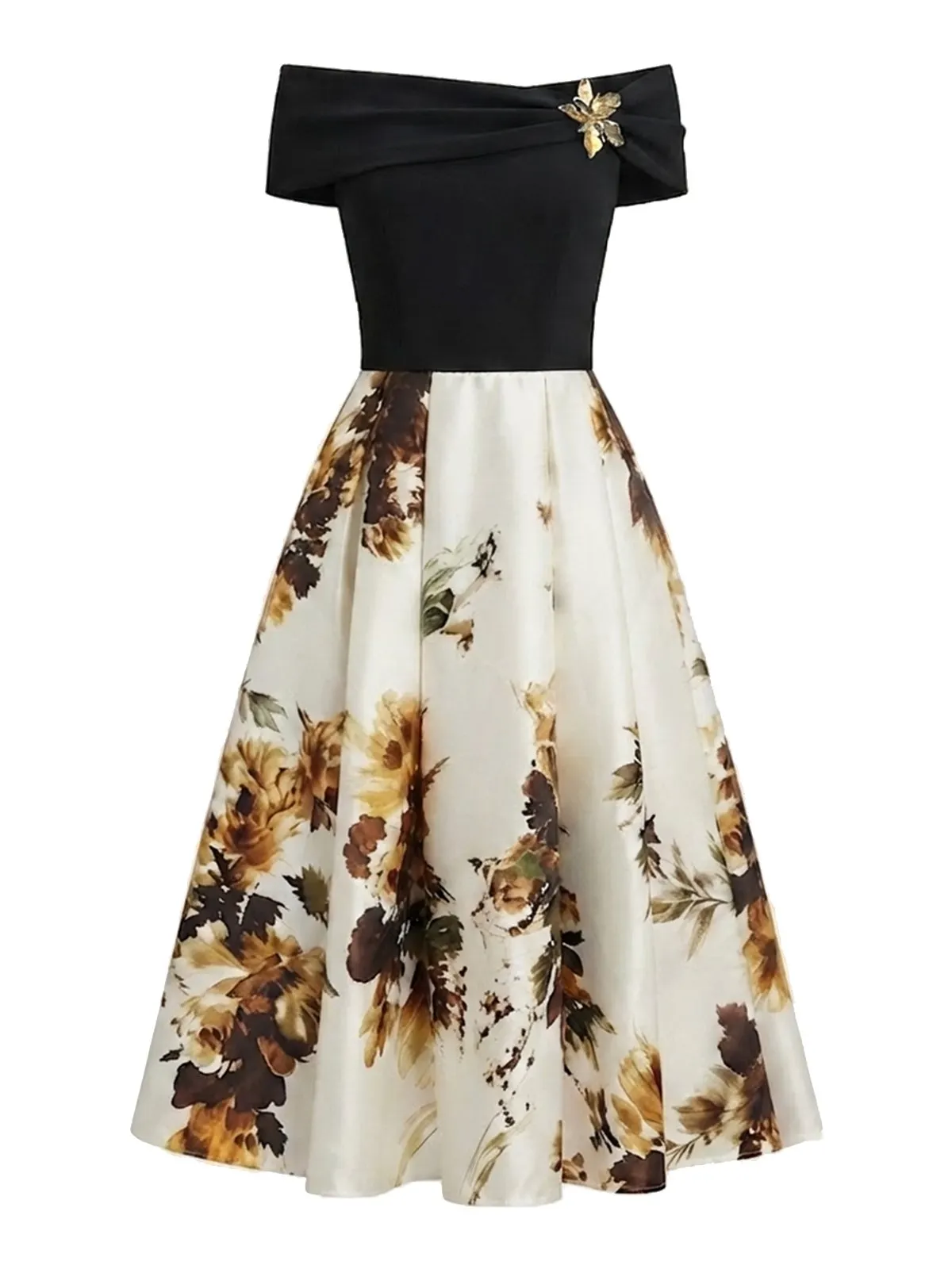 Black Metal Floral Knit Off The Shoulder Short Sleeve A-Line Midi Dress