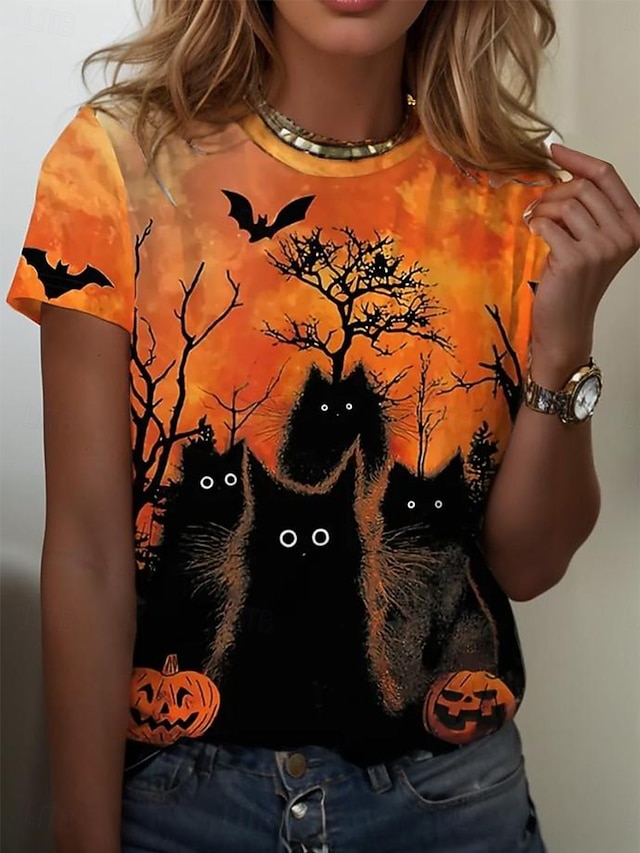 Halloween Women's Happy Halloween Pumpkin Bat Print T Shirt Jack O Lantern Spider Moon Graphic Short Sleeve Crew Neck Casual Top Orange Black - Black