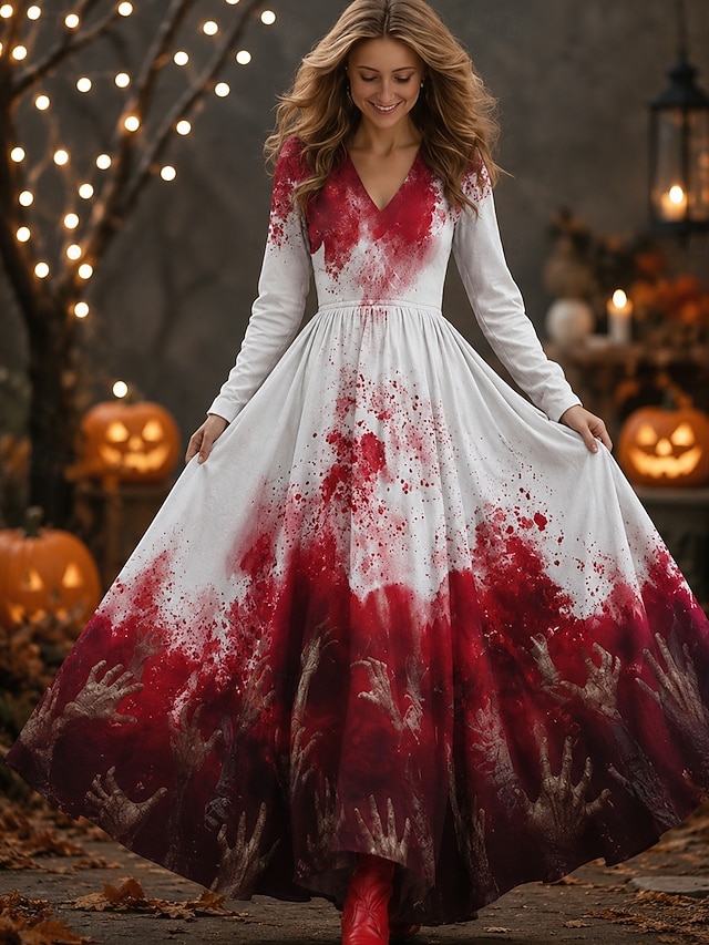 Halloween Women's Maxi Dress Pleated Dress Boho Party Date Going out Regular Fit Skull Long Sleeve V Neck Black Fall Winter Autumn - Red