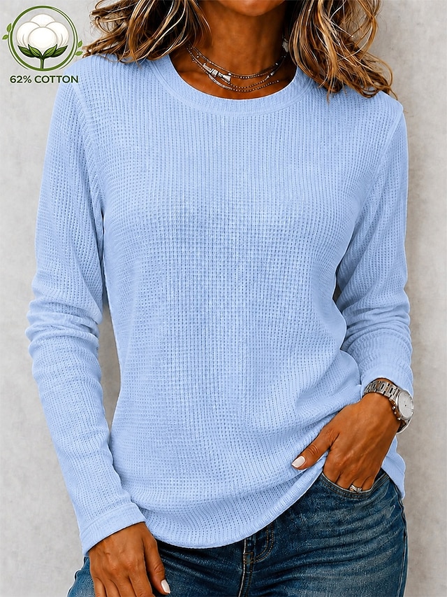 Women's Waffle Shirt Blouse Knit Shirts Texture Solid Color Fashion Stylish Basic Long Sleeve Crew Neck Collar Regular Tops Casual Daily Halloween Going out Blue White Orange Spring Fall Winter - Blue