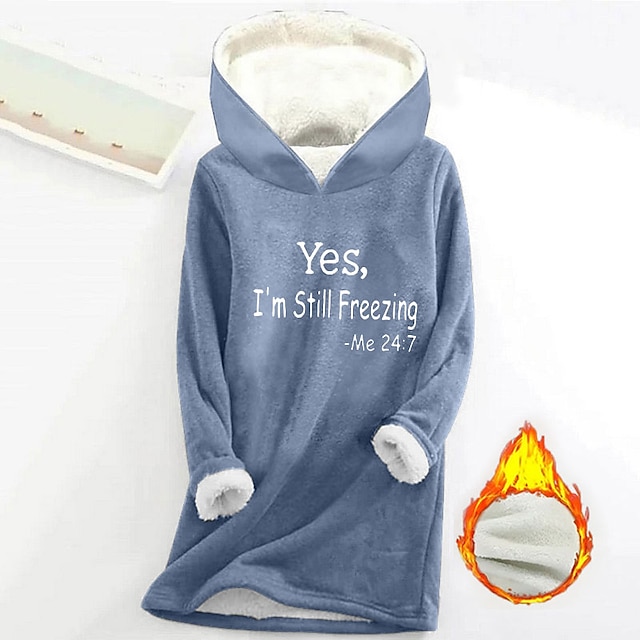 Women's Hoodie Sweatshirt Pullover Sherpa Letter Casual Sports Print Warm Fuzzy Comfort Hoodie Long Sleeve Top Micro-elastic Fall & Winter Comfort Breathable Soft Fabric - Blue