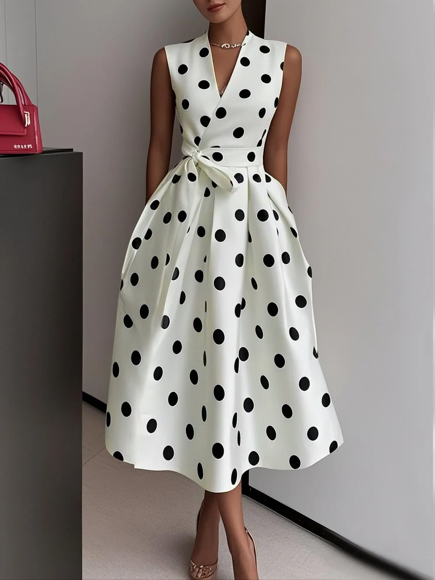 White Polka Dots V Neck Sleeveless A-Line Midi Dress - White