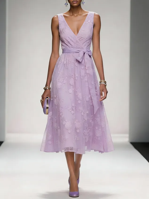 Deep Pink Bow Embroidery Classic V Neck Sleeveless A-Line Midi Dress With Pockets