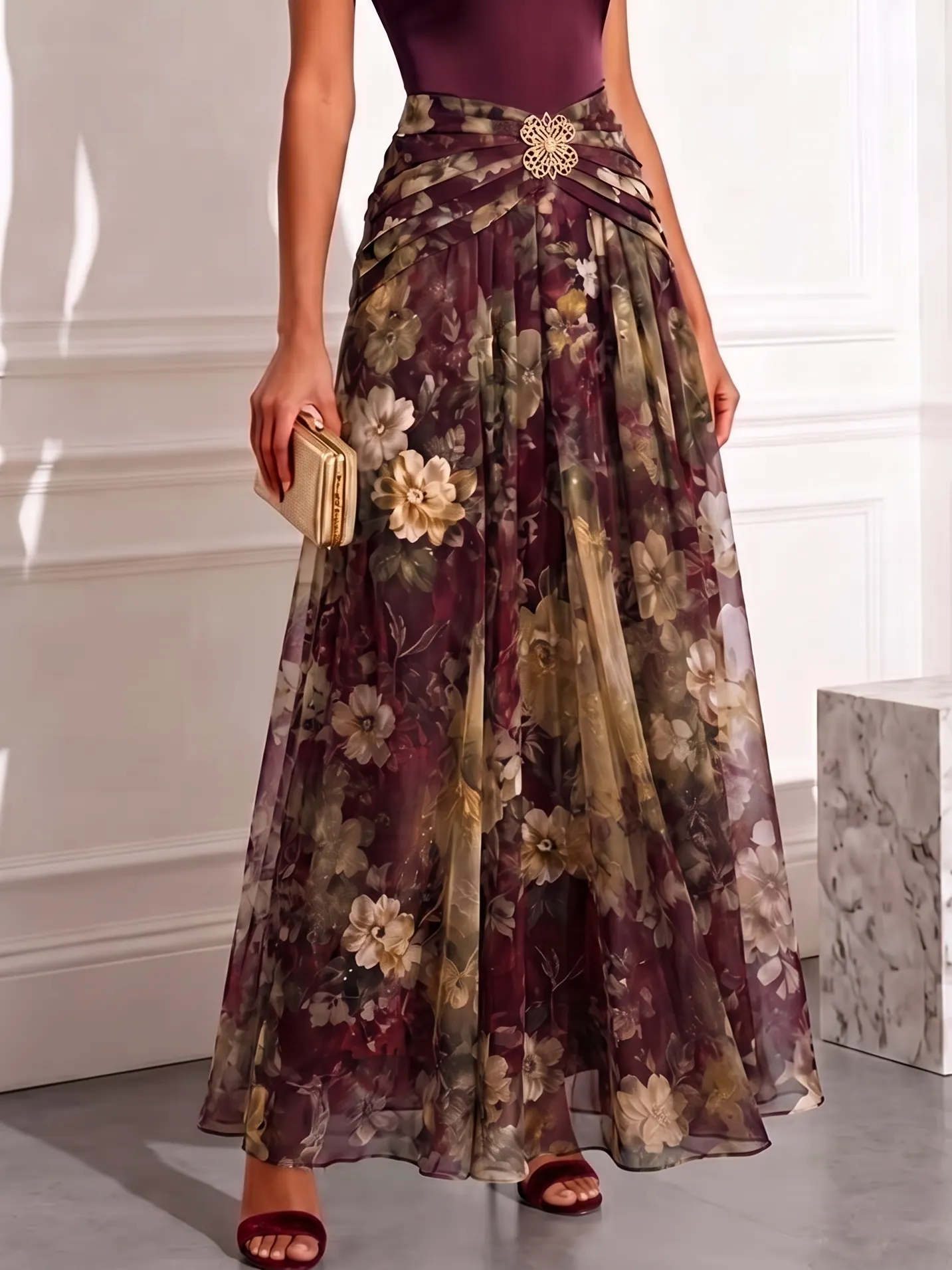 Wine Red Floral Chiffon Mock Neck Sleeveless A-Line Maxi Dress