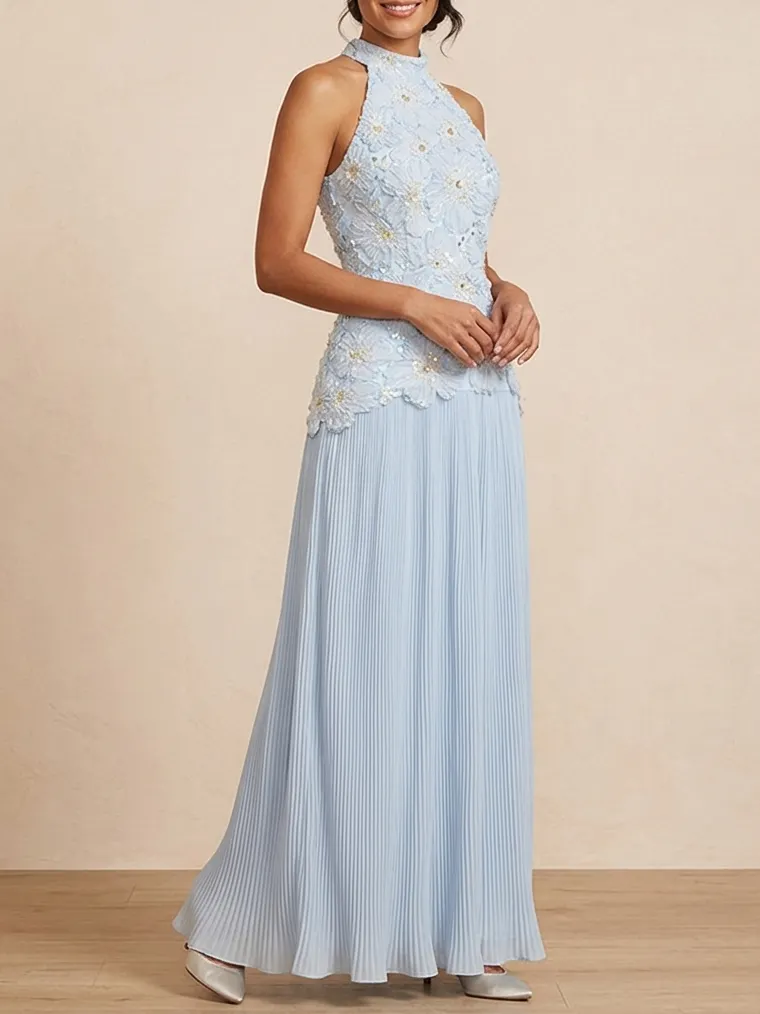 3D Floral Applique Halter Pleated Maxi Dress | Elegant Mother of the Bride Gown