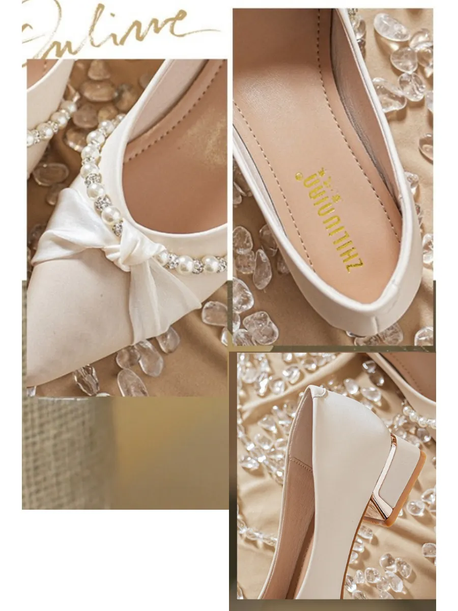 Urban Lightweight Pointed-toe Matte Satin-trimmed Rhinestone And Pearl Low-heeled Wedding Shoes