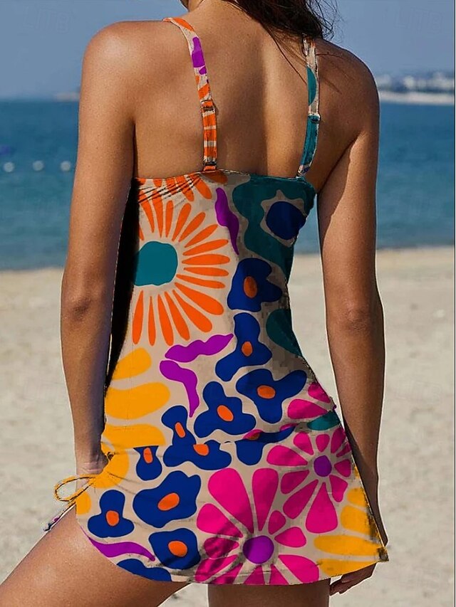 Women's Swimwear Tankini Skirt Swimsuit Elegant Vacation Floral Graphic Sleeveless Bathing Suits - Orange
