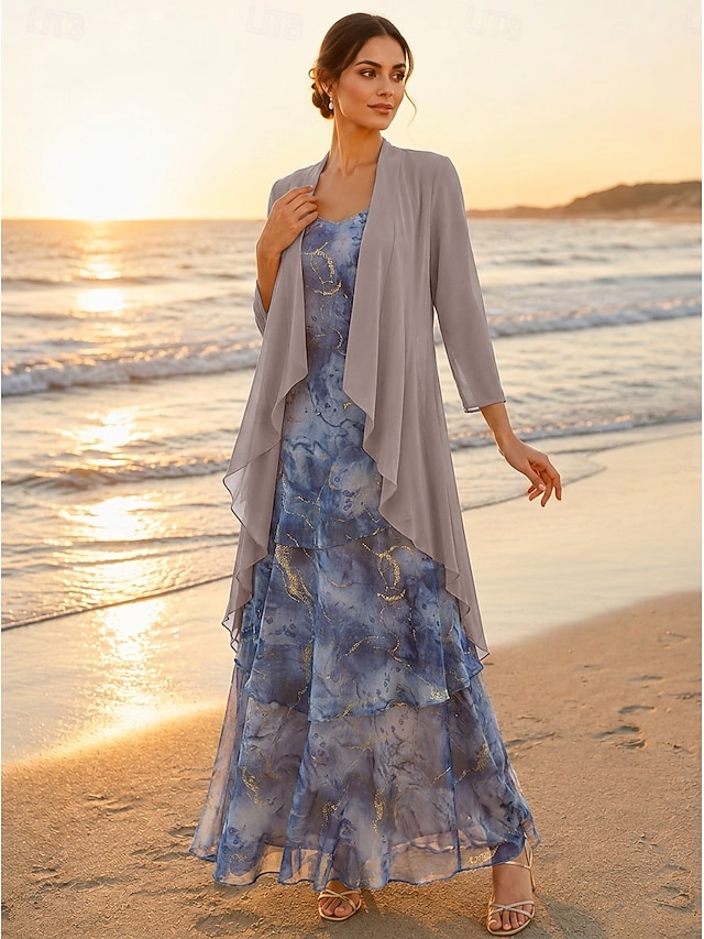 Two Piece A-Line Floor Length Wedding Guest Dress Mother of the Bride Dress 3/4 Length Sleeve Scoop Neck Elegant Simple Minimalist Formal Semi Formal Foiled Chiffon with Floral Print Ruffles - Dusk