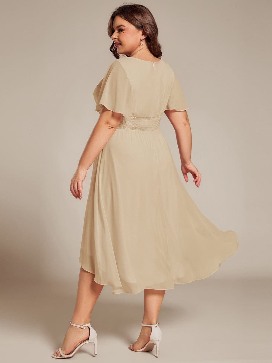 Flowy Chiffon Round Neckline A-Line Knee Length Wedding Guest Dress #color_Champagne