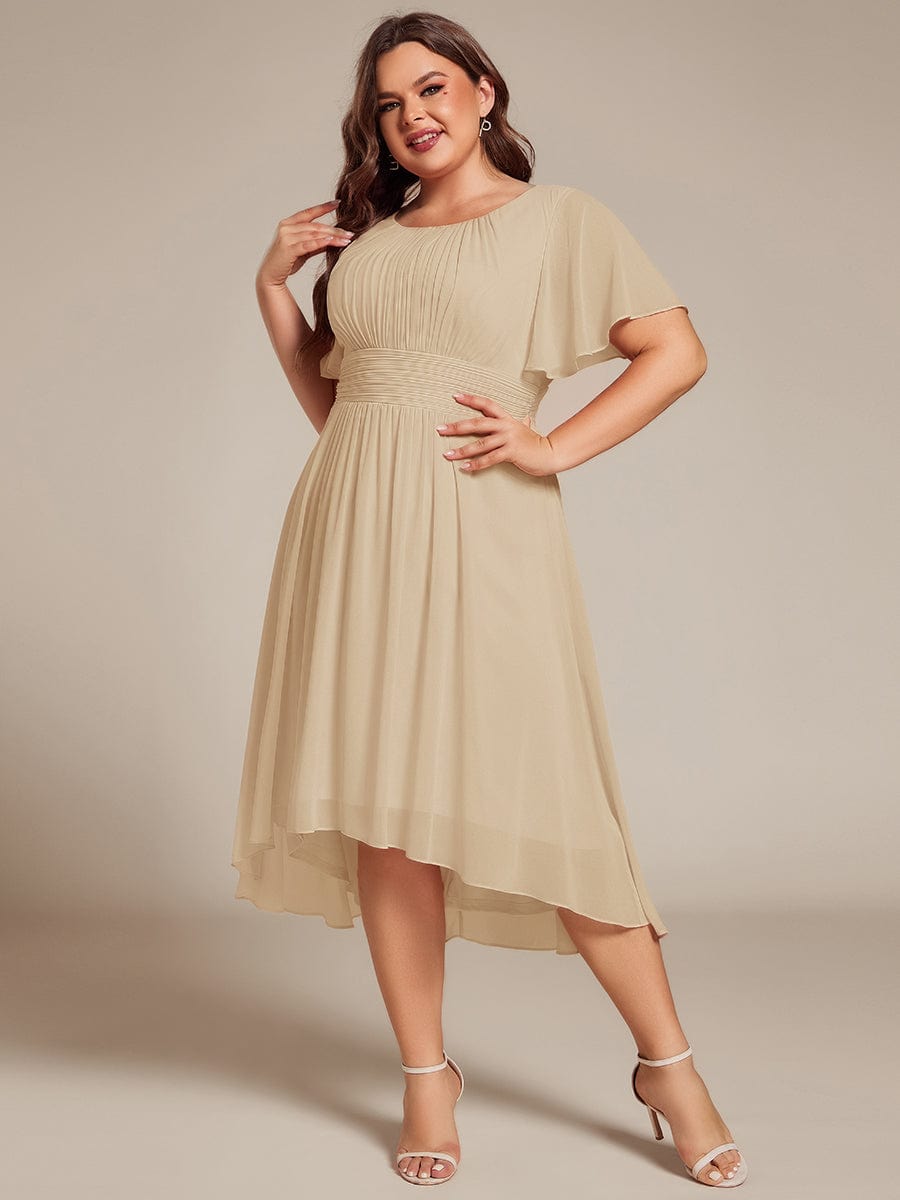 Flowy Chiffon Round Neckline A-Line Knee Length Wedding Guest Dress #color_Champagne