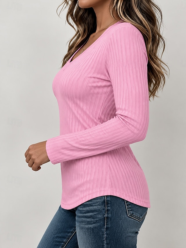 Women's T Shirt Solid Color Bohemia Vintage Stylish Long Sleeve V Neck Regular Tops Casual Daily Weekend Black Pink Purple Gray Spring Fall - Pink