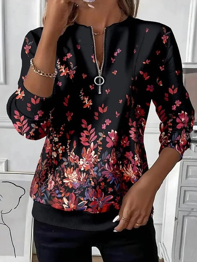 Women's Zip Up Sweatshirts Patchwork Zipper Print Graphic Abstract Fashion Casual Long Sleeve Round Neck Regular Tops Casual Street Dailywear Black Yellow Fall Winter - Black