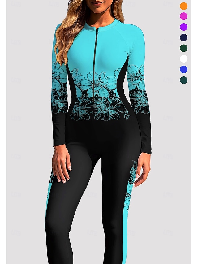 Women's Regular Rash Guard Full Body Rash Guard One Piece Surfing Suit Floral Tropical Color-blocking Zip Up with Built in Bra Front Zip UV Sun Protection Full Coverage UPF50+ Long Sleeve Full Body - Lake blue