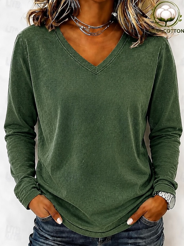 Women's Washed Cotton 100% Cotton Washed Acid Wash Vintage Washed Vintage Fashion Stylish Long Sleeve Raglan Sleeves V Neck Regular Tops Casual Beach Blue Orange Fall Winter - Orange