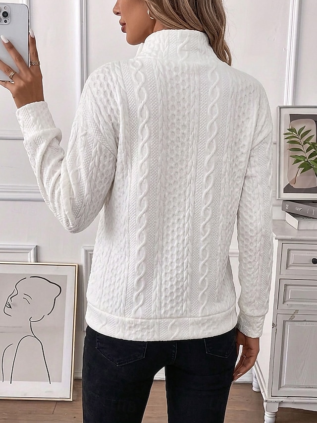 Women's Textured Pullover Sweatshirt Patchwork Buttons Casual Long Sleeve High Neck Regular Tops Home White Black Pink Violet Fall Winter - White