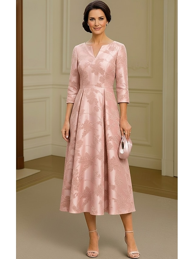 A-Line Dress Floor Length Tea Length Cocktail Dress Mother of the Bride Dress 3/4 Length Sleeve Crew Neck V Neck Elegant Simple Casual Formal Wedding Guest Semi Formal Satin Jacquard with Pleats - Pink
