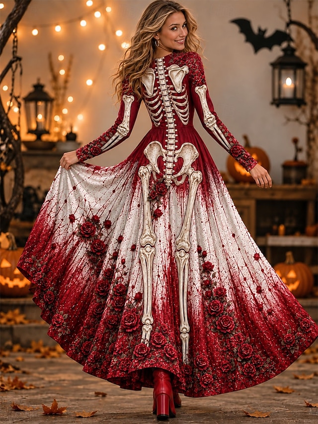Halloween Women's Floor length A Line Dress Elegant Vintage Designer Party Ombre Graphic Long Sleeve V Neck White Black Red Fall Winter - White