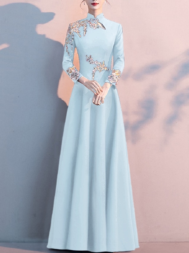 A-Line Mother of the Bride Dress Elegant Simple High Neck Floor Length Stretch Fabric Long Sleeve with Pleats Appliques free custom size - Sky Blue