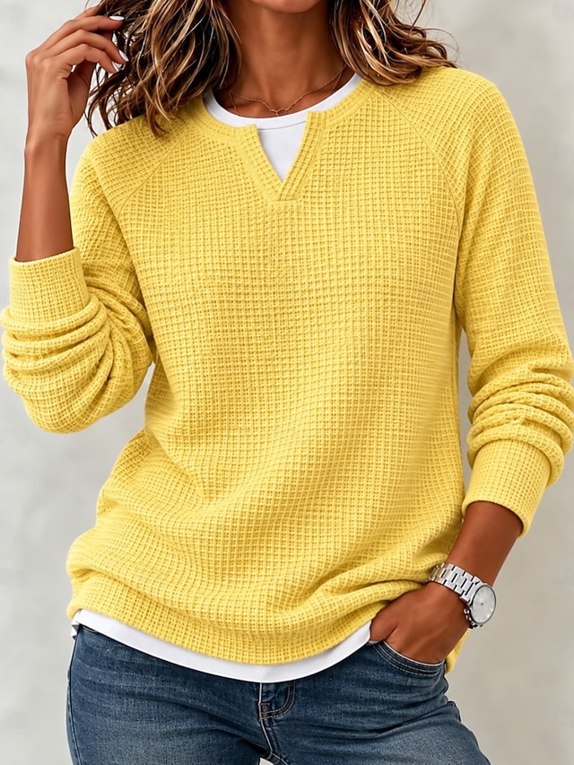 Women's Waffle Polo Shirts Solid Color Bohemia Active Vacation Long Sleeve Crew Neck High Neck Regular Tops Casual Daily Holiday Blue Yellow Red Light Purple Spring Fall Winter - Yellow