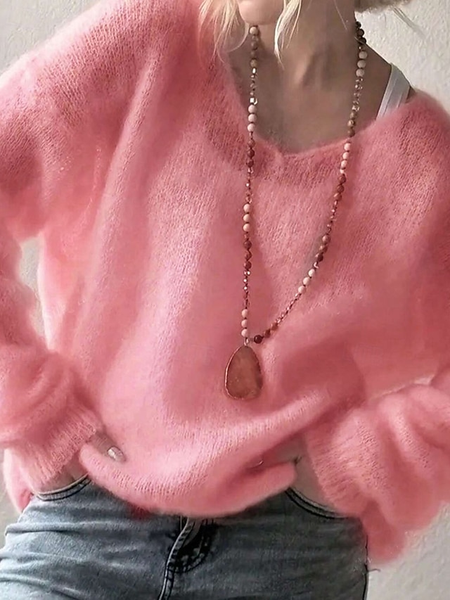 Women's Sweater Pullover Elegant Fashion Cute Solid Color V Neck Knitted Long Sleeve Regular Tops Knit Daily Home Outdoor Blue Pink Fall Winter - Pink