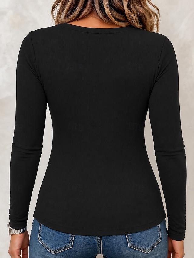 Women's T Shirt Solid Color Vintage Stylish Classic Long Sleeve V Neck Regular Tops Casual Daily Weekend Blue Black Pink Red Gray Spring Fall Winter - Black
