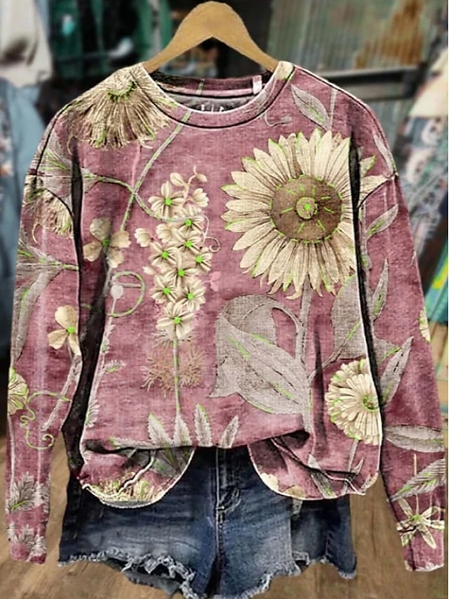 Women's Pullover Sweatshirt Print Floral Graphic Casual Long Sleeve Crew Neck Regular Tops Casual Street Dailywear Blue Black Pink Orange Gray Spring Fall Winter - Pink