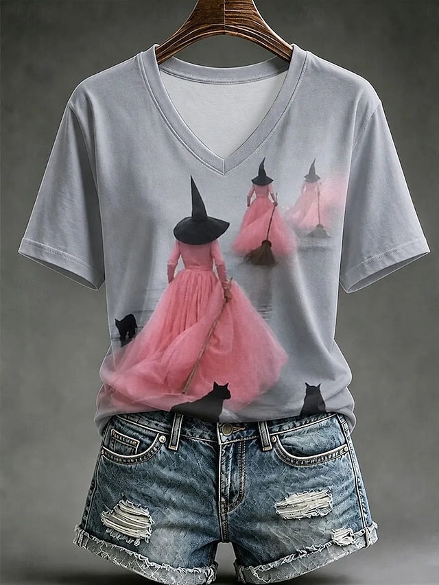 Halloween Women's T Shirt Print Graphic Abstract Witch Vintage Stylish Classic Short Sleeve V Neck Regular Tops Casual Daily Weekend Ash Black Pink Green Summer Spring Fall Winter - Ash