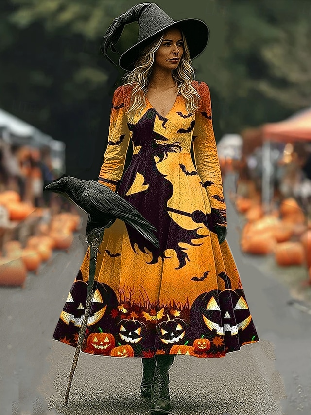 Halloween Women's Giant Skull Skeleton Print Midi Dress X Ray Rib Cage Graphic A Line V Neck Long Sleeve Gothic Costume Party Dress Gray - Yellow