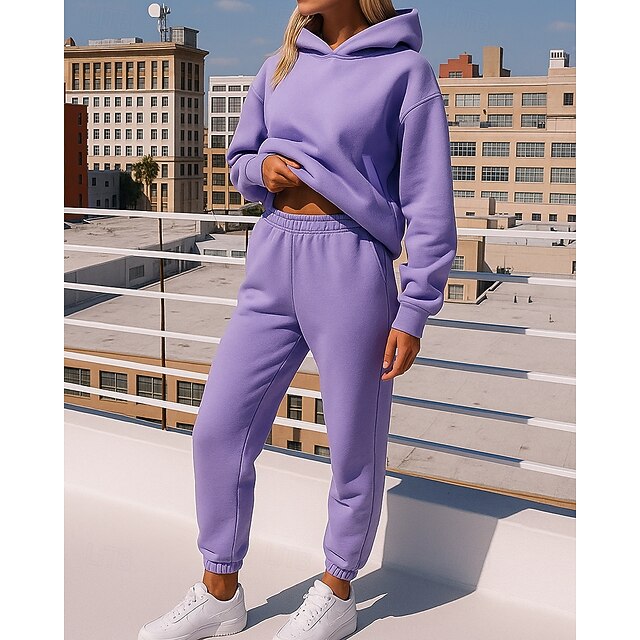 Women's 2 Piece Tracksuit Lounge Hoodie Sweatsuit Sets Solid Colored Clothing Suit Fall Black White Workout Outdoor Travel High Waist Lightweight Fashion Long Sleeve Sport Activewear Micro-elastic - Purple