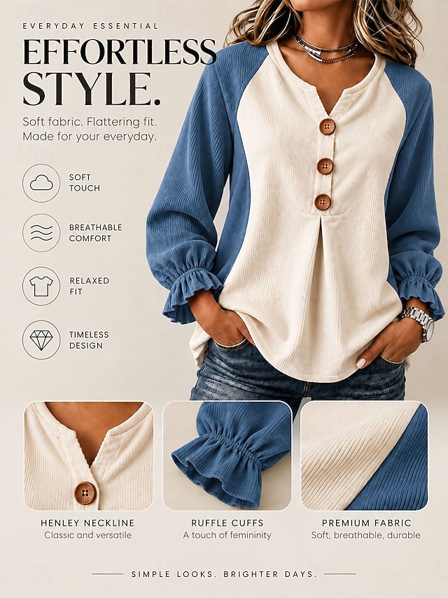 Women's Corduroy Shirt Dressy Tops Frill Blouse Patchwork Vintage Stylish Casual Long Sleeve Ruffle Sleeve V Neck Regular Tops Casual Party Holiday Navy Blue Summer Fall Winter - Navy Blue