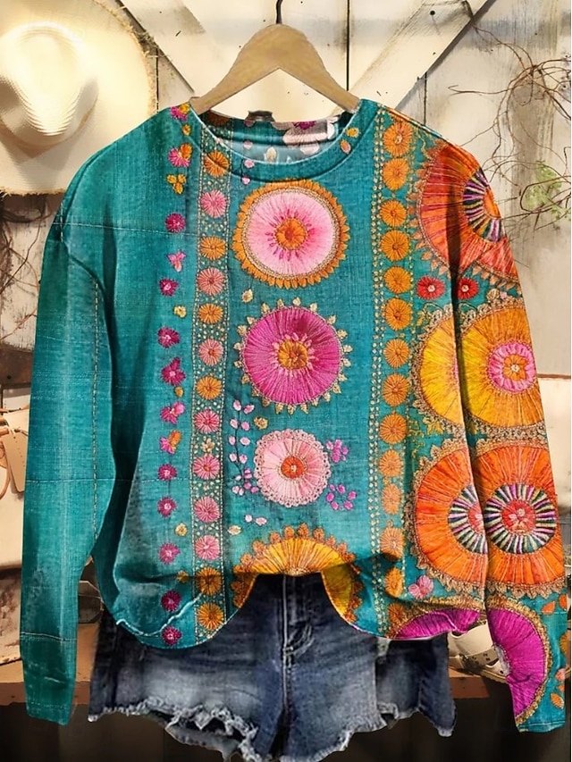Women's Pullover Sweatshirt Print Floral Graphic Warm Active Vintage Long Sleeve Crew Neck Regular Tops Casual Street Dailywear Blue Black Red Purple Orange Spring Fall Winter - Blue