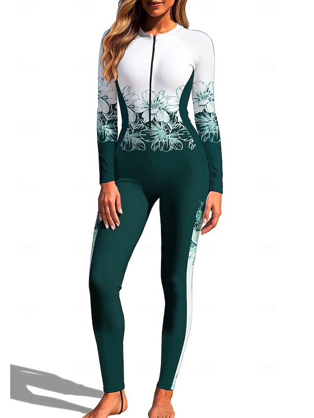 Women's Regular Rash Guard Full Body Rash Guard One Piece Surfing Suit Floral Tropical Color-blocking Zip Up with Built in Bra Front Zip UV Sun Protection Full Coverage UPF50+ Long Sleeve Full Body - Blue-Green