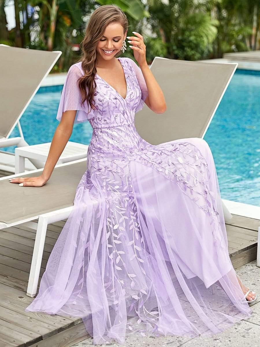 Shimmery V Neck Ruffle Sleeves Sequin Maxi Long Evening Dress #color_Lavender