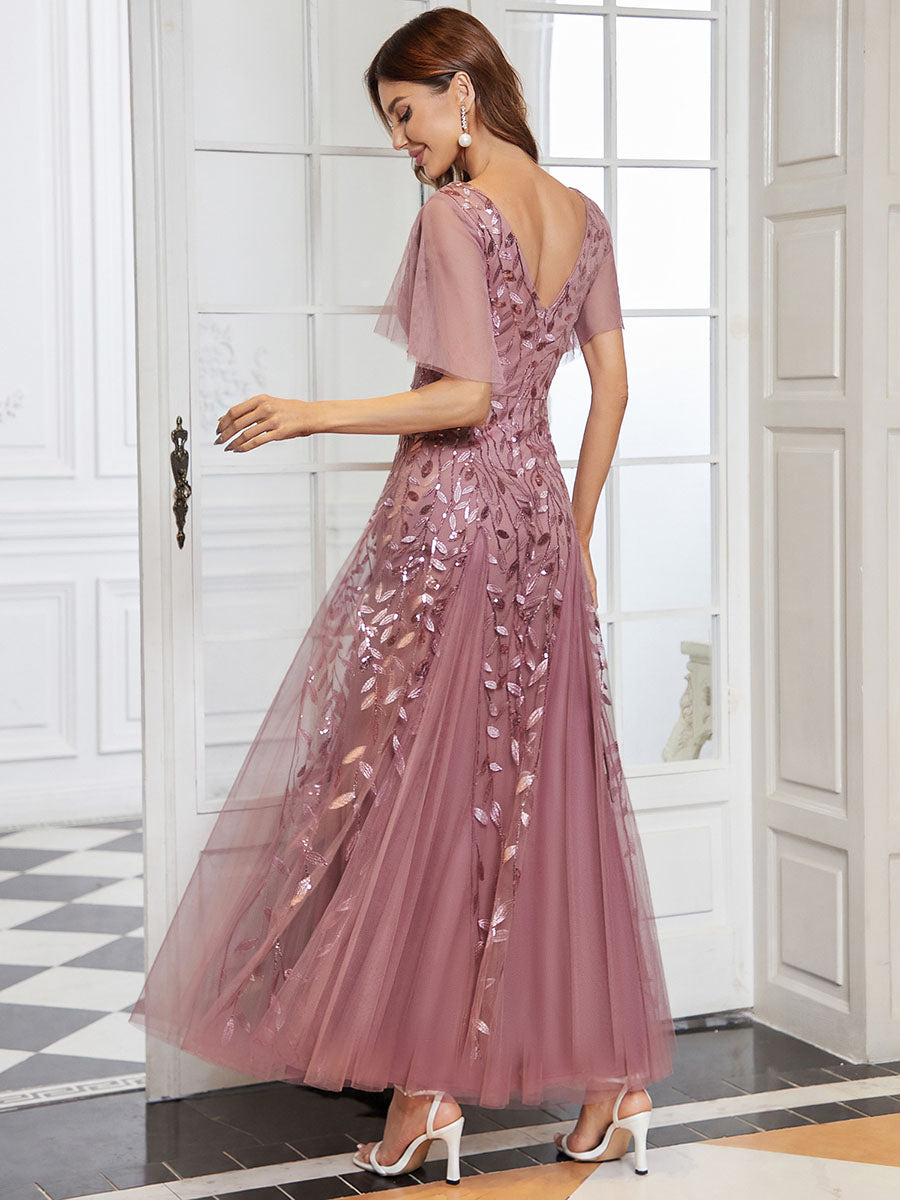 Shimmery V Neck Ruffle Sleeves Sequin Maxi Long Evening Dress #color_Purple Orchid