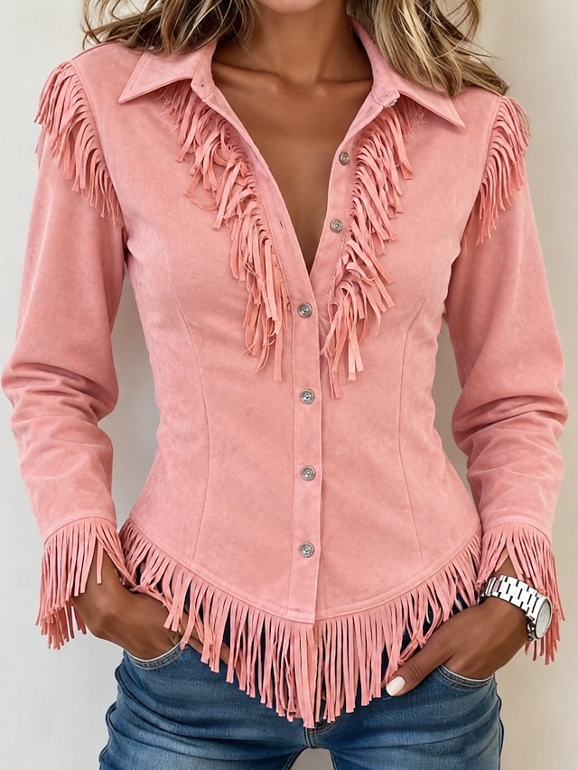Women's Shirt Blouse Patchwork Buttons Fringe Plain Bohemia Stylish Western Long Sleeve Shirt Collar Regular Tops Casual Daily Holiday White Black Pink Brown Summer Spring Fall - Pink