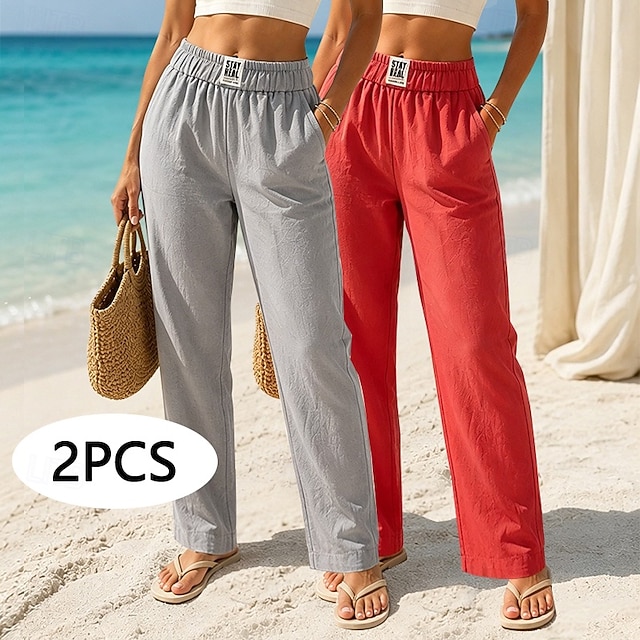 Multi Packs 2pcs Women's Cotton Linen Pants Trousers Casual Pants Summer Pants Vacation Fashion Streetwear Full Length High Waist Plain Pocket Elastic Waist Comfort Breathability Comfortable - White+Gray