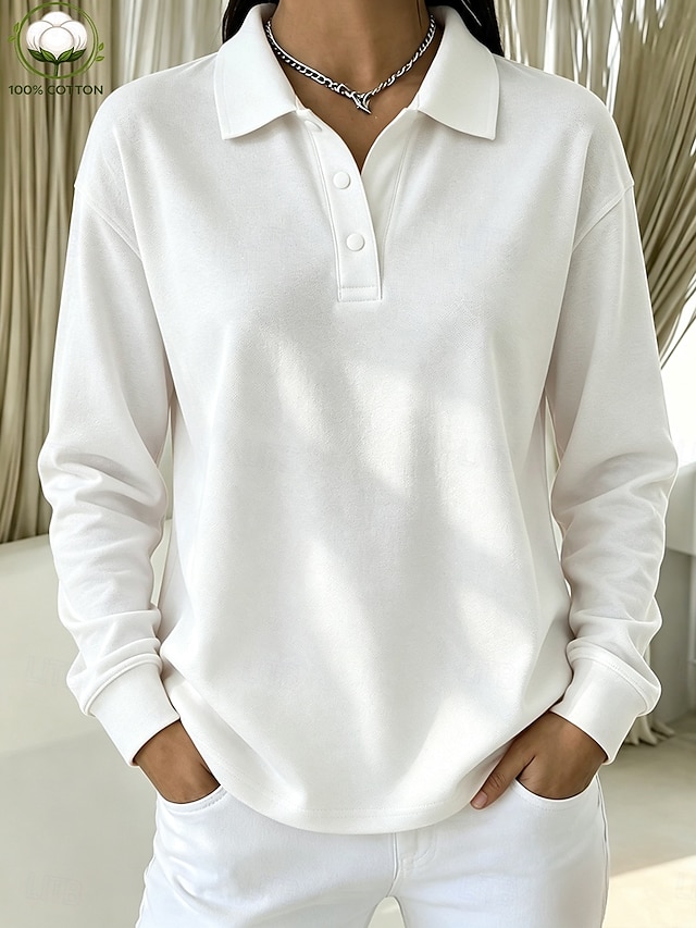 Women's 100% Cotton T Shirt Chest Buttons Plain Vintage Stylish Classic Long Sleeve Shirt Collar Polo Collar Long Tops Casual Daily Blue White Black Pink Red Spring Fall Winter - White