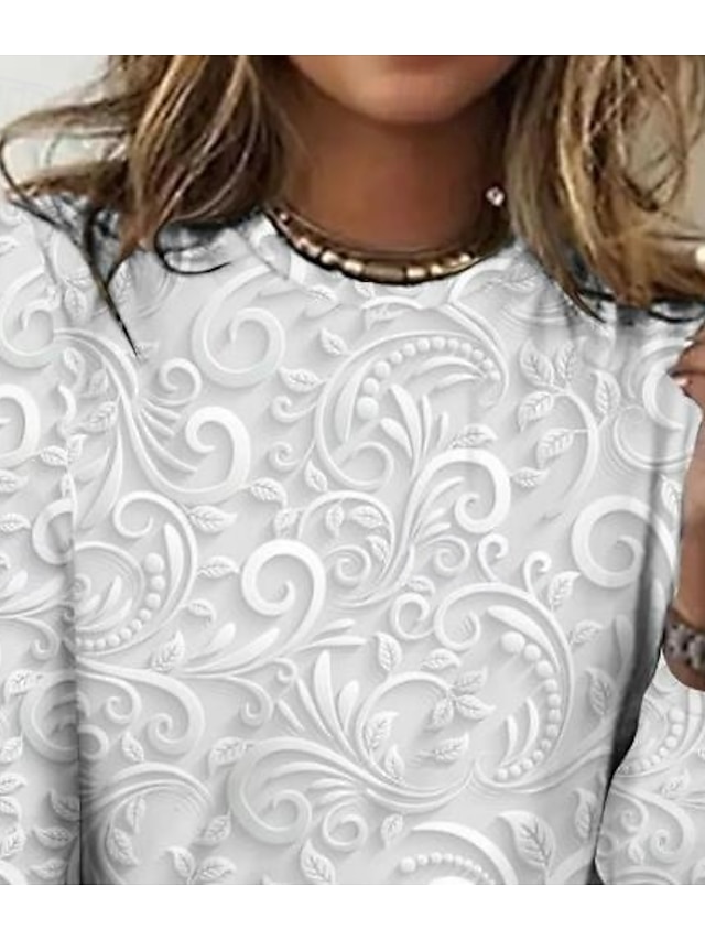 Women's T shirt Long Sleeve Crew Neck Long Sleeve Tunic 3D Print Floral Elegant Vintage Regular Tops Daily Going out Weekend Print Pearl Prefall - Pearl