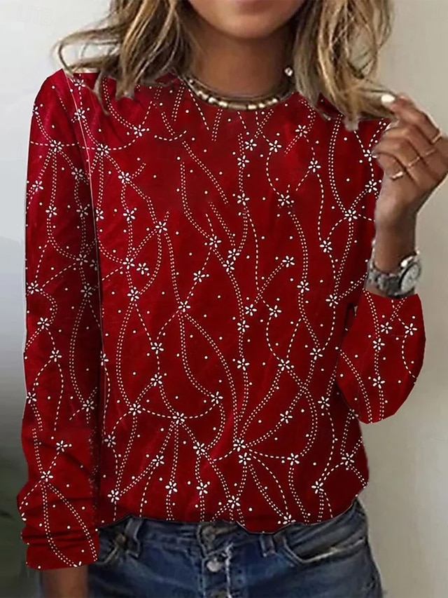 Women's T Shirt Print Floral Graphic Abstract Fashion Casual Long Sleeve Crew Neck Round Neck Regular Tops Daily Weekend Blue Black Red Green Summer Spring Fall - Red