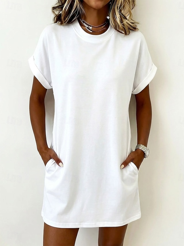 Women's Mini Dress T Shirt Dress Tee Dress Basic Classic Daily Weekend Loose Fit Plain Short Sleeve Crew Neck White Black Pink Army Green Summer Spring - White