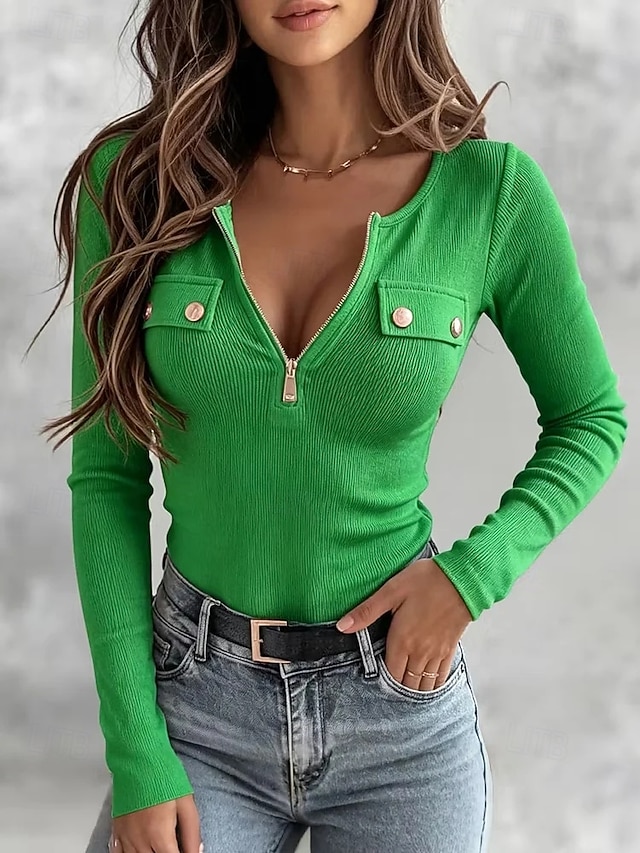 Women's T Shirt Waffle Knit Tops Solid Color Bohemia Vintage Stylish Long Sleeve Henley Regular Tops Casual Daily Weekend Blue White Khaki Black Green Summer Spring Fall Winter - Green