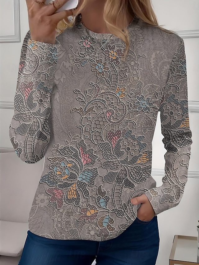 Women's T shirt Long Sleeve Crew Neck Long Sleeve Tunic Floral Casual Regular Tops Daily Print Sage Green Pink Blue Sky Blue Purple Spring Fall Prefall - Gray