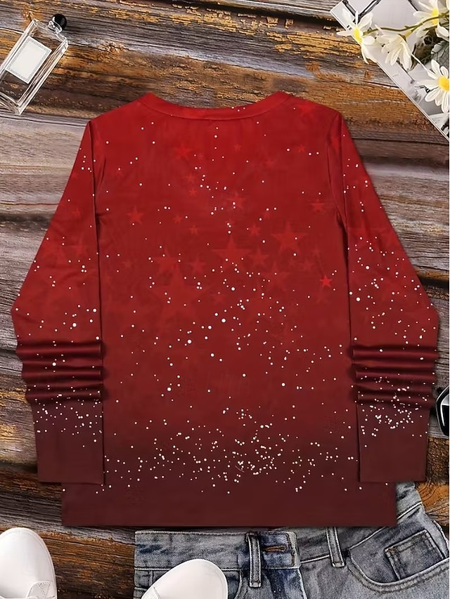 Christmas Women's T Shirt Graphic Vintage Stylish Classic Long Sleeve V Neck Regular Tops Daily Print Gray / Red Black+White+Red Black Wine Red Spring Fall Winter - Wine