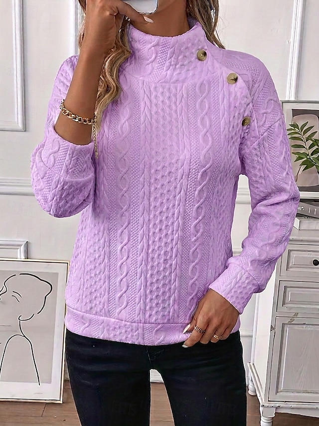 Women's Textured Pullover Sweatshirt Patchwork Buttons Casual Long Sleeve High Neck Regular Tops Home White Black Pink Violet Fall Winter - Violet