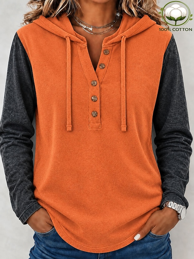 Women's Shirt Washed Cotton 100% Cotton Blouse Pleated Vintage Stylish Long Sleeve Hooded Henry Collar Regular Tops Casual Streetwear Work Blue Orange Summer Spring Fall - Orange