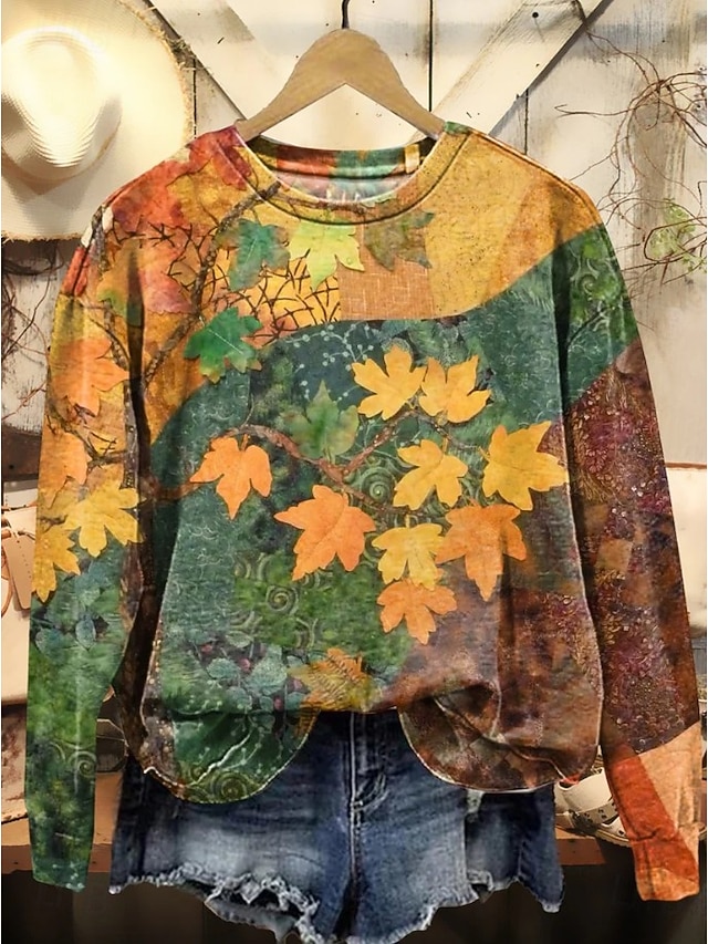 Women's Pullover Sweatshirt Print Floral Graphic Warm Active Vintage Long Sleeve Round Neck Regular Tops Casual Street Dailywear Blue Yellow Pink Red Beige Spring Fall Winter - Yellow