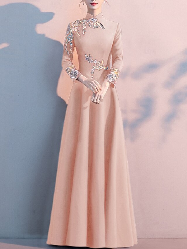 A-Line Mother of the Bride Dress Elegant Simple High Neck Floor Length Stretch Fabric Long Sleeve with Pleats Appliques free custom size - Sky Blue