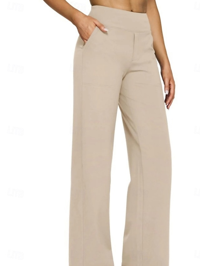 Women's Trousers Casual Pants Straight Fashion Streetwear Basic Full Length High Waist Plain Pocket Elastic Waist Comfort Micro-elastic Daily Vacation Street Blue Black White Almond Spring Fall Loose - Almond