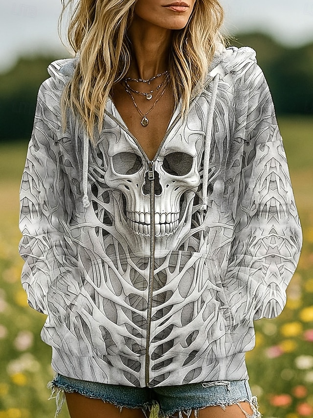 Halloween Women's Giant Skull Skeleton Ribcage Graphic Zip Up Hoodie 3D Anatomy Print Long Sleeve Drawstring Hood Pocket White Gray - Gray